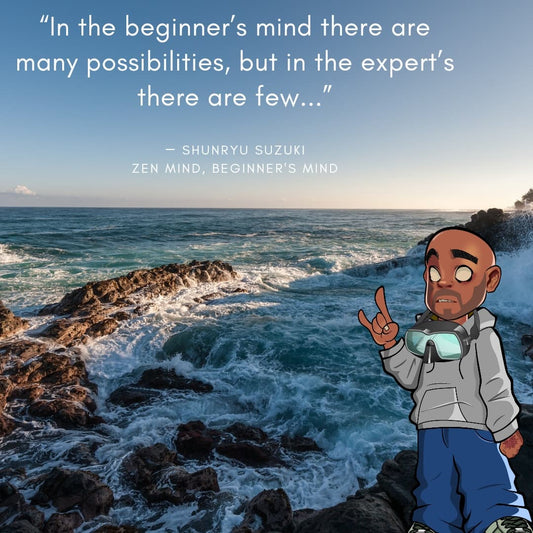 Picture of California rocky coast with cartoon freediver in front. Quote from Shunryu Suzuki in the sky