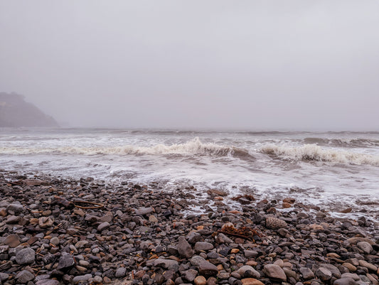 Freediving location in Pacifica. Misty sky and dark water