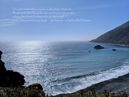 Freediving location in Ft. Ross California, picture of cove with blue water coming in, and quote from Stig Severinsen written in sky